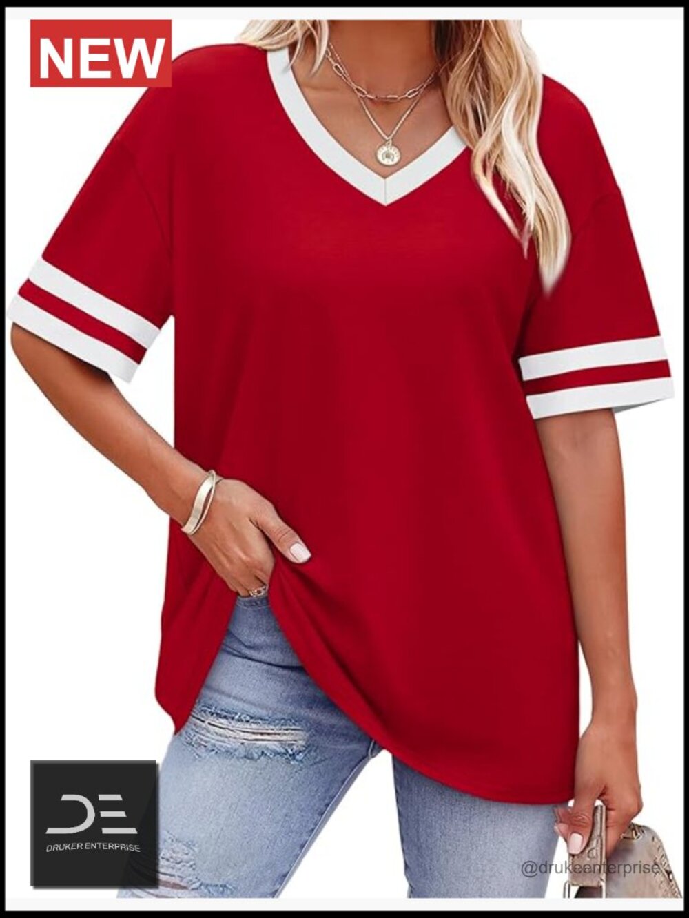 V-Neck Color Block T-Shirt Loose Fit Short Sleeve Summer Top S-4XL